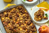 Crumbly Peach Oatmeal Bake with Candied Pecan Topping