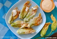 Melted Cheese Filled Squash Blossoms with Zesty Chipotle Crema