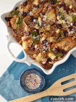 A dish of Capirotada, a traditional Mexican bread pudding.