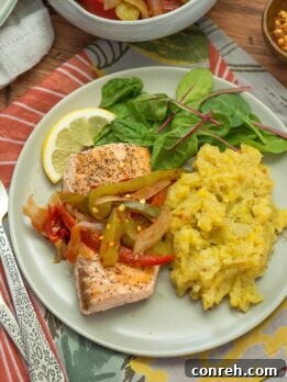 Delicious Salmon with Peperonata and Mashed Plantains