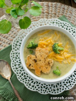 Creamy Broccoli Cheddar Soup with Shamrock Shaped Croutons