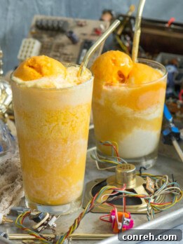 A C3P-Orange Sherbet Float in a tall glass, garnished with a citrus slice, against a backdrop evoking Anakin's workshop.