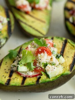 A perfectly grilled avocado half topped with a colorful queso fresco salad, garnished with cilantro.