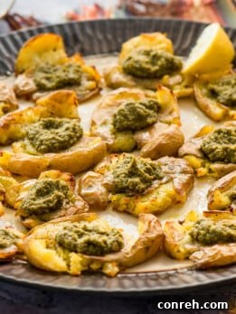 Crispy Smashed Potatoes with Pesto, ready to be served