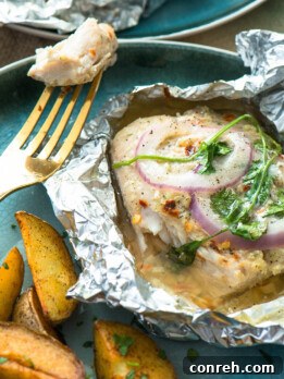 Delicious Baked Citrus Mahi-Mahi in a foil packet, ready to serve