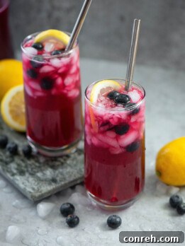 A pitcher of vibrant homemade blueberry lemonade with fresh lemon slices and blueberries, ready to be served.