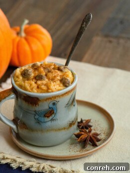 Warm Pumpkin Arroz con Leche in a bowl, garnished with cinnamon