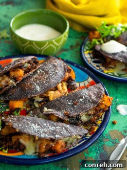 Blue Corn Quesadillas with Potato, Chorizo and Hibiscus