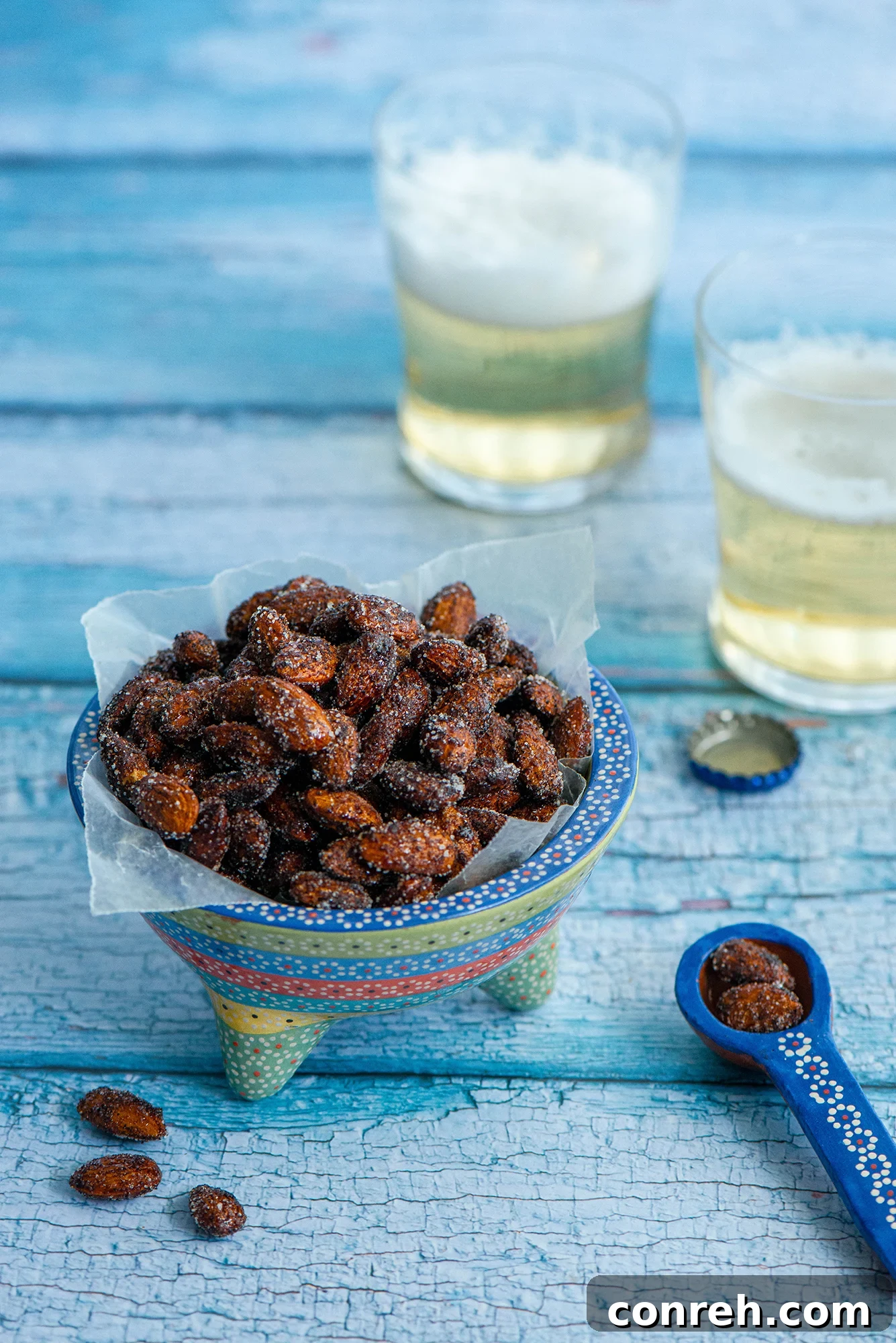 A close-up of sweet and spicy balsamic roasted almonds
