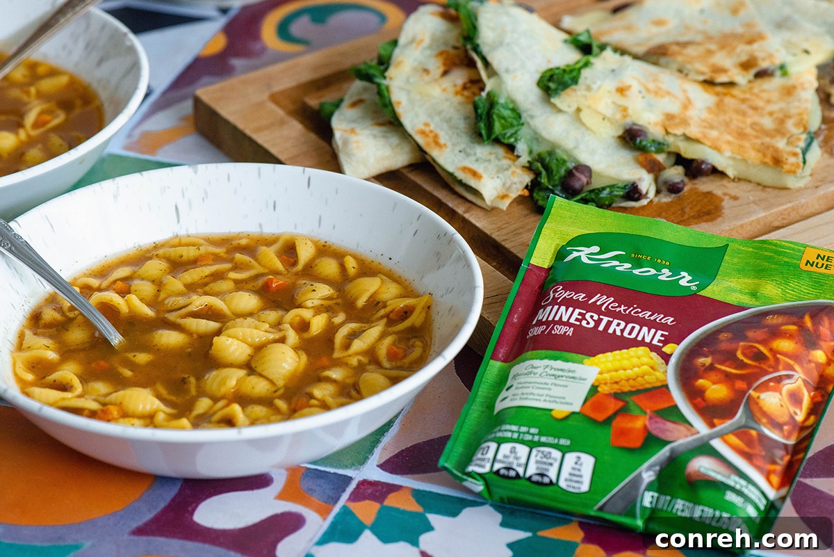 Two bowls of Knorr Sopa Mexicana soup with a plate of spinach and black bean quesadillas.