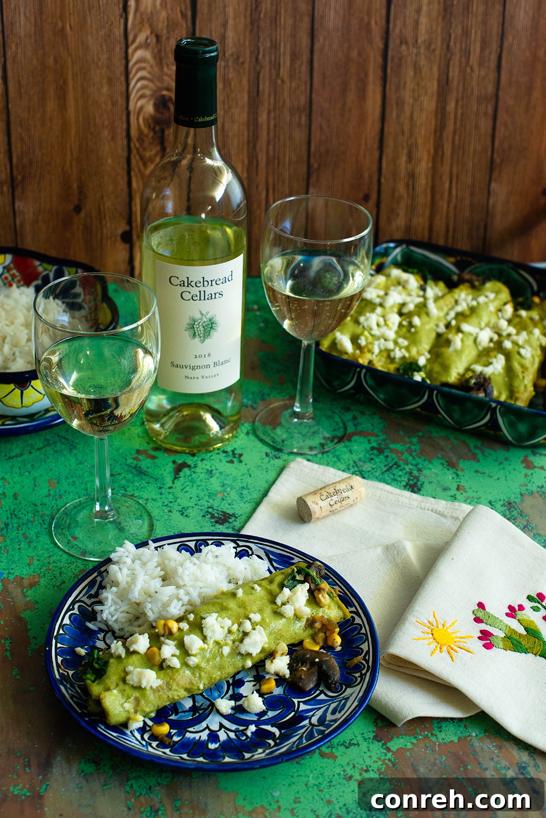 Puebla-Style Garden Enchiladas 3 A glass of Cakebread Cellars Sauvignon Blanc perfectly paired with the enchiladas.