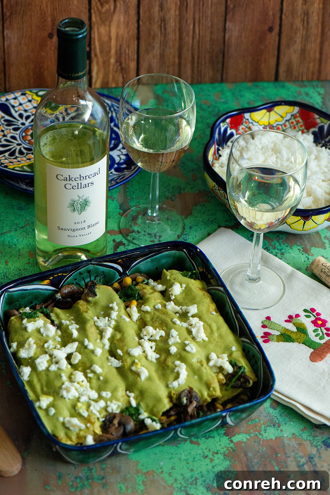 Puebla-Style Garden Enchiladas 4 Close-up of the delicious filling featuring cremini mushrooms, corn, and spinach.