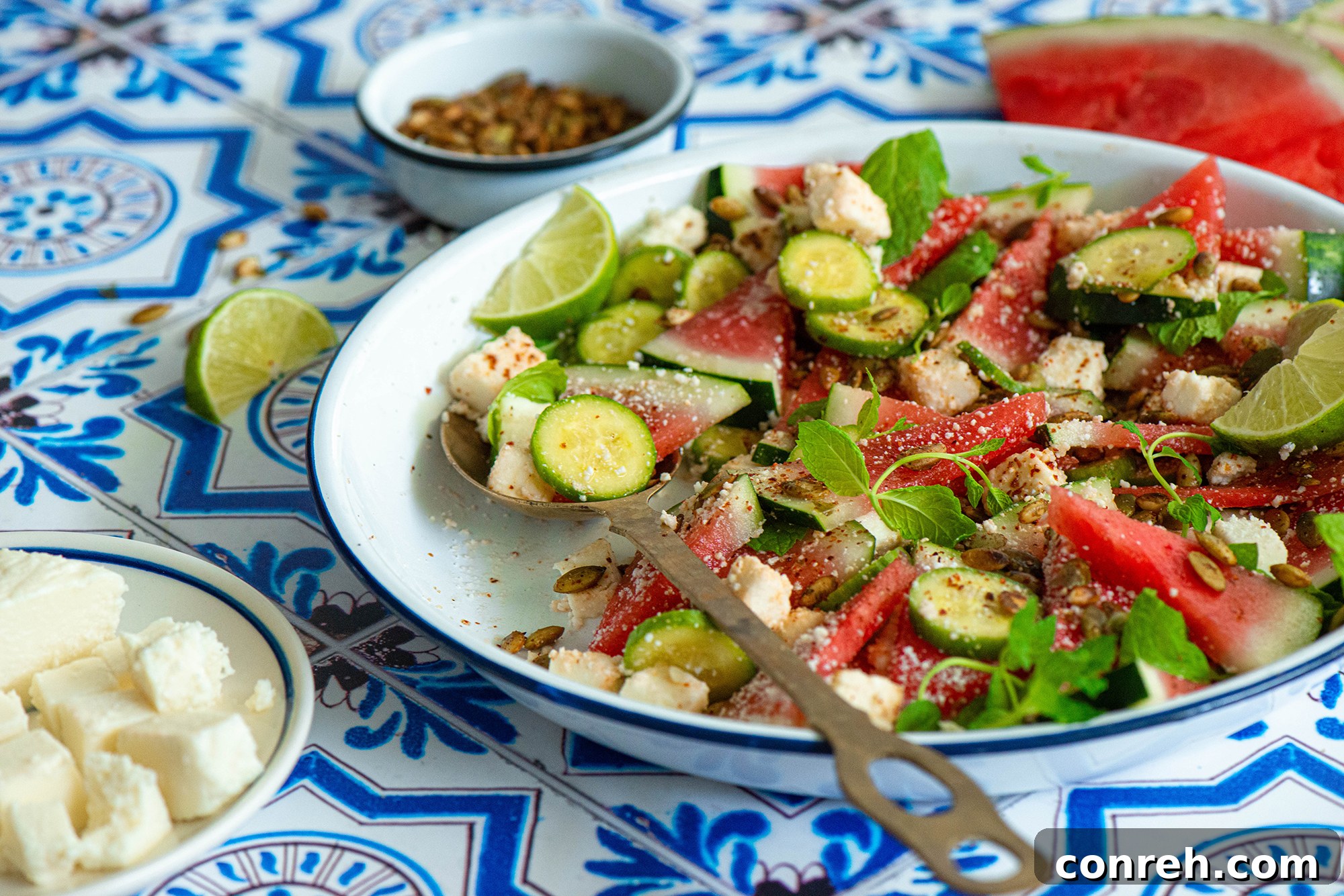 Beautifully arranged Watermelon Cucumber Salad ready to be served
