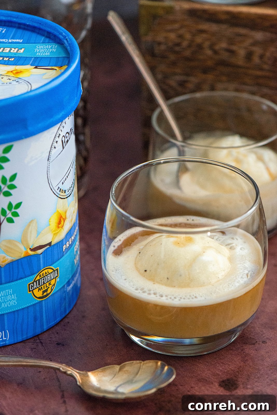 Close-up of Cafe de Olla Affogato with melted ice cream and spices.