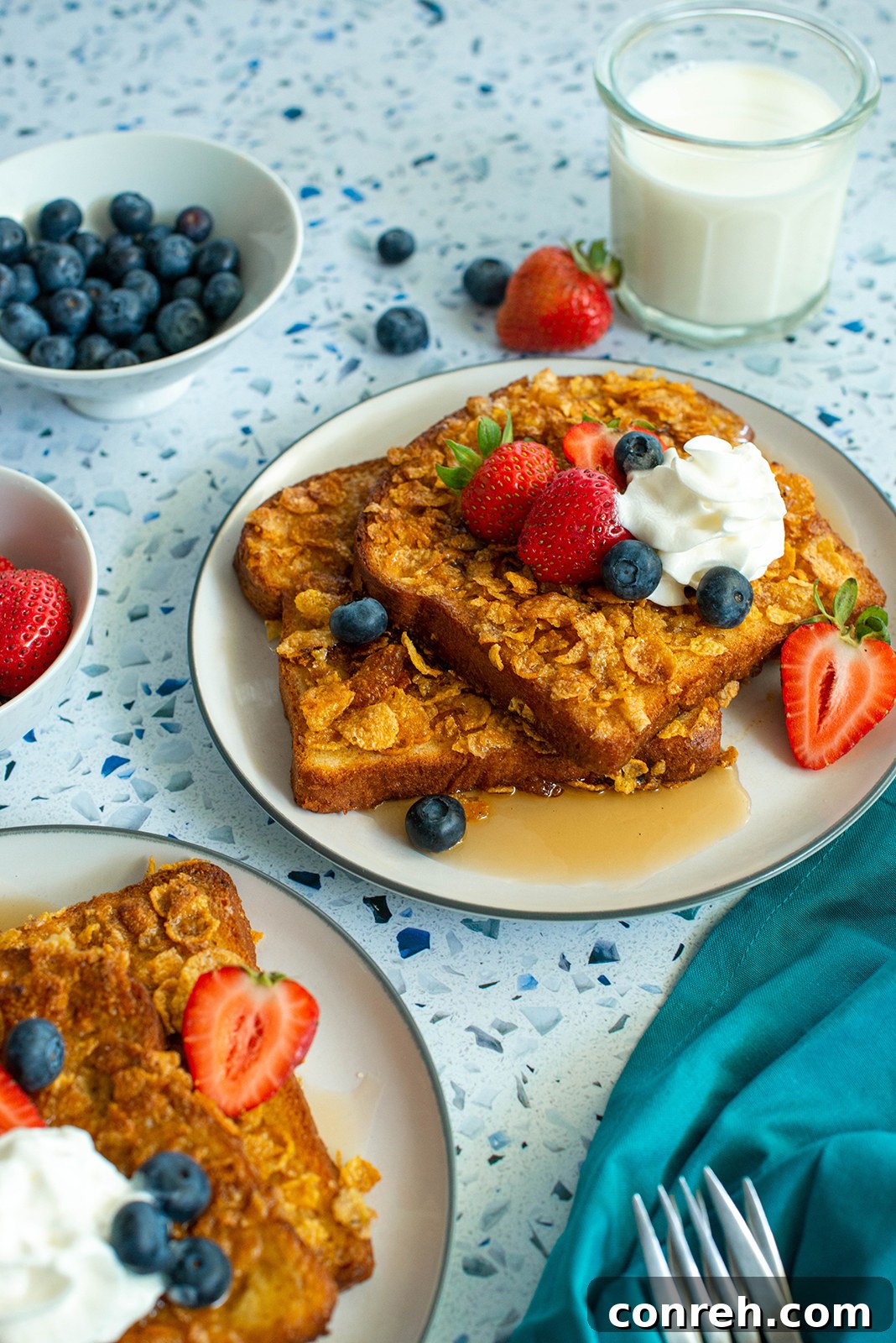 Ingredients for cereal french toast, including milk, eggs, and cereal