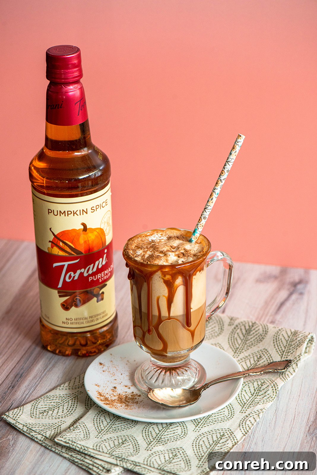 Ingredients for a Pumpkin Spice Cajeta Frappe, featuring Torani Puremade Syrup.