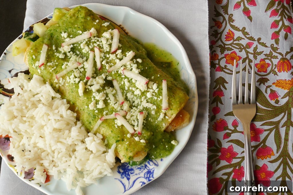Green Enchiladas stuffed with shrimp & veggies
