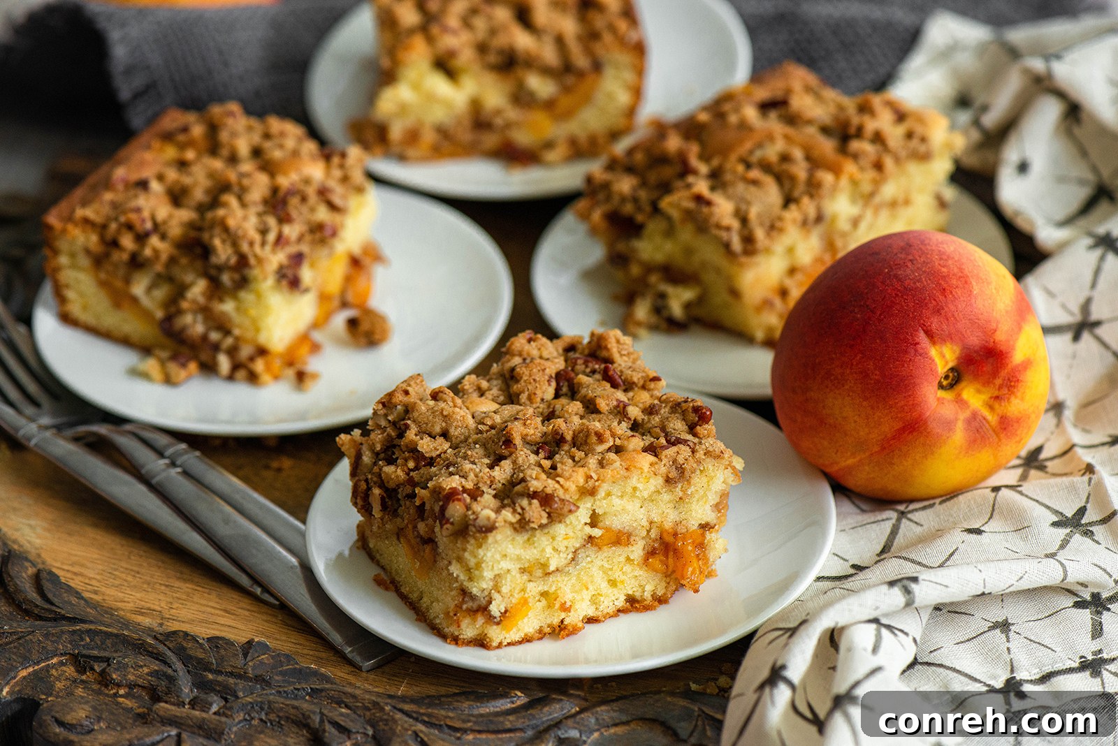 Golden Peach Coffee Cake with Toasted Pecan Crumble 3 Fresh, ripe peaches from Vallarta Supermarkets, essential for a perfect coffee cake.