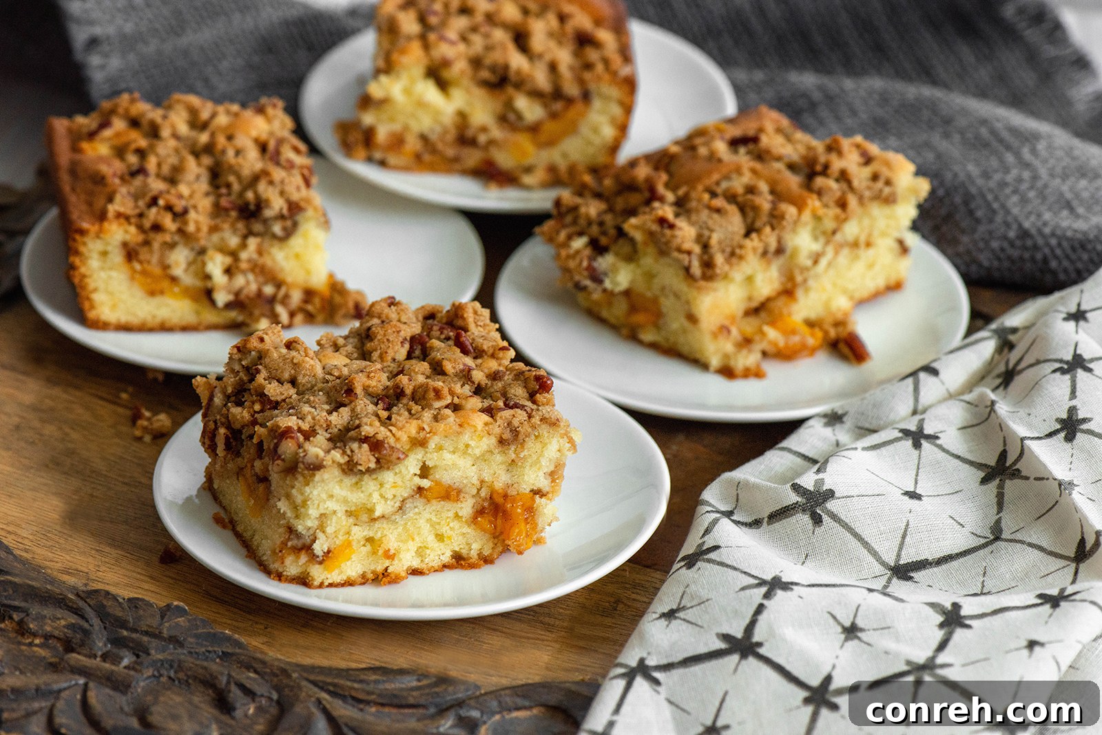 Golden Peach Coffee Cake with Toasted Pecan Crumble 4 Finished peach coffee cake, perfectly sliced and ready to serve.