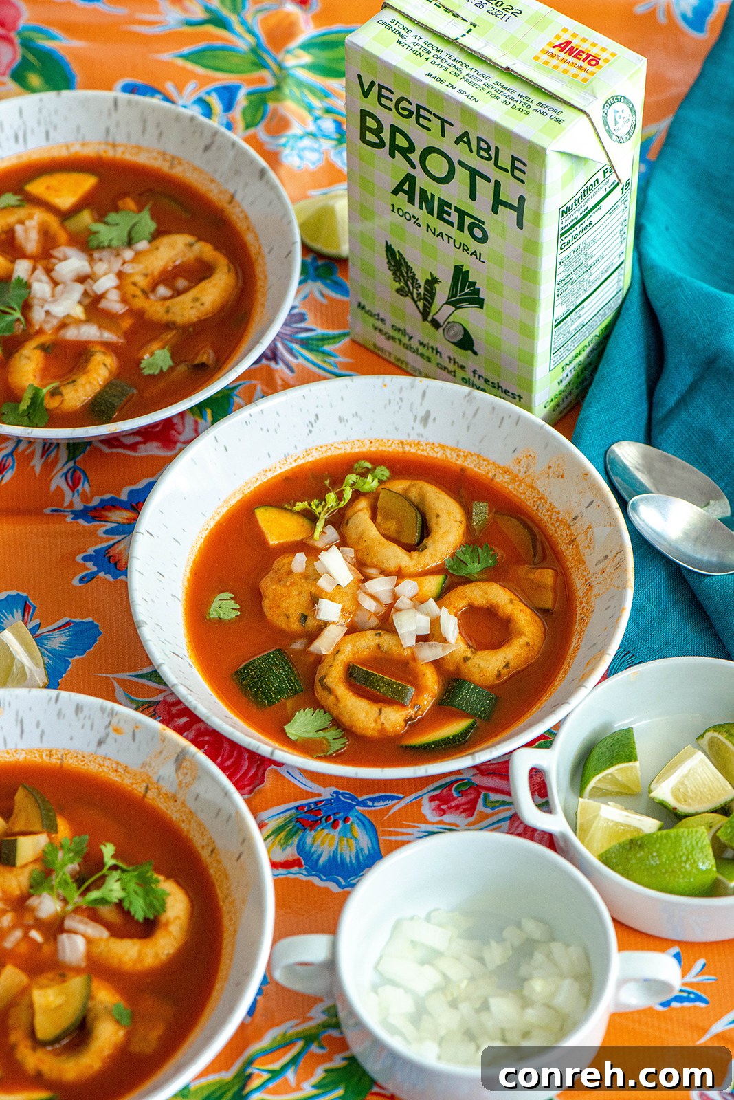 Garden Vegetable & Masa Dumpling Soup 4 Finished bowl of Vegetable Masa Ball Soup