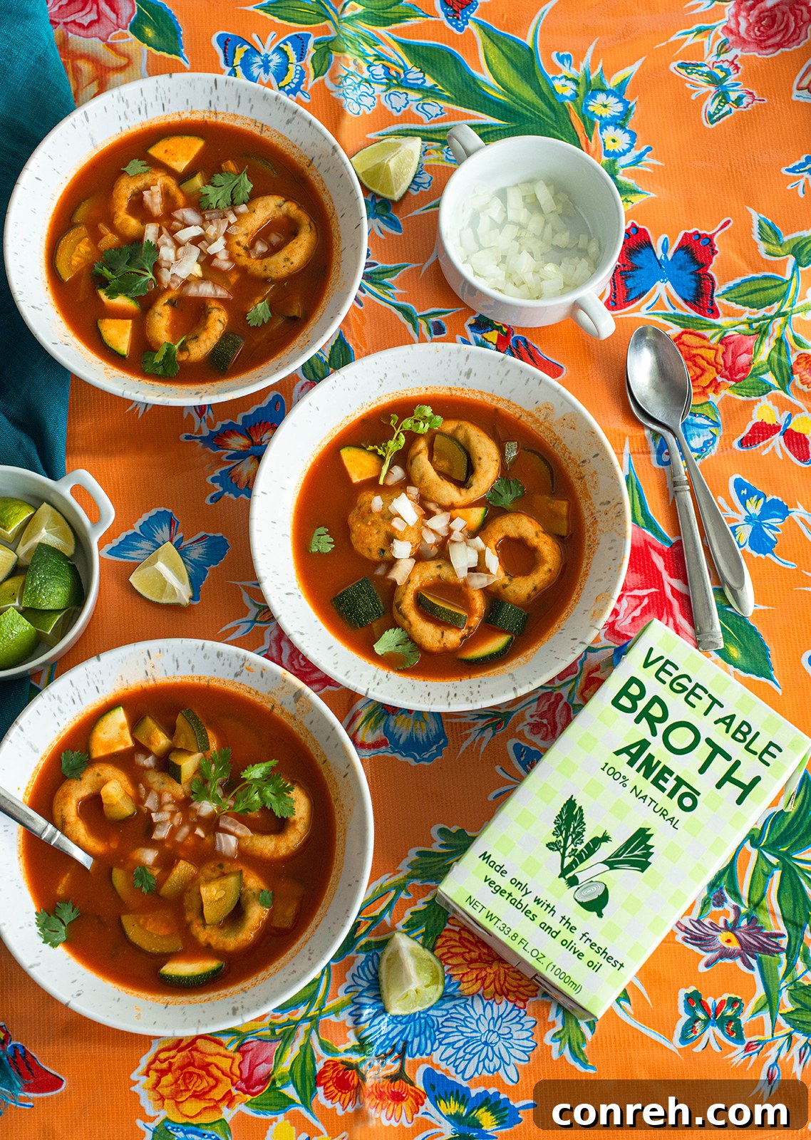 Garden Vegetable & Masa Dumpling Soup 5 Close-up of masa balls in broth