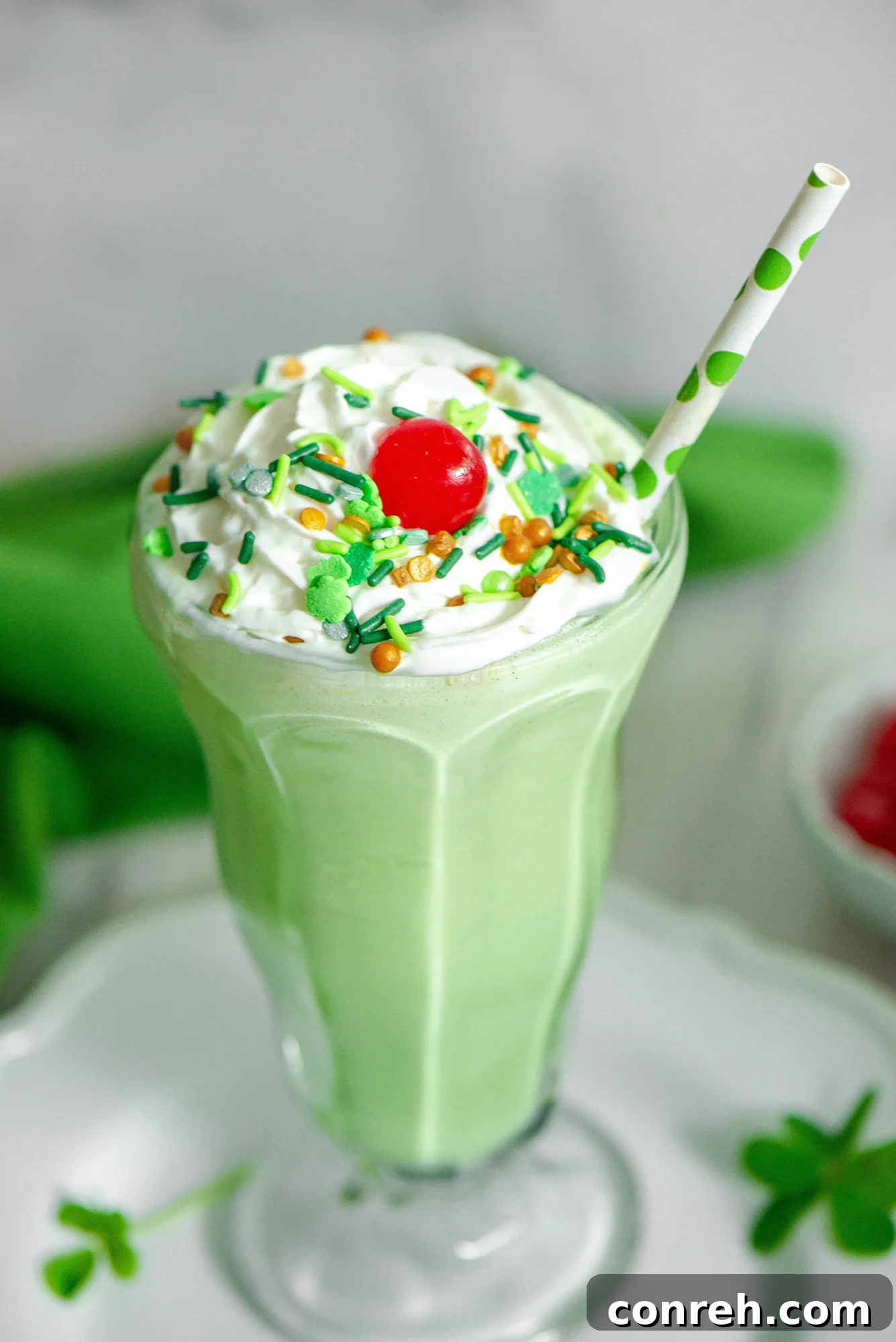Close-up of a Homemade Shamrock Shake with toppings