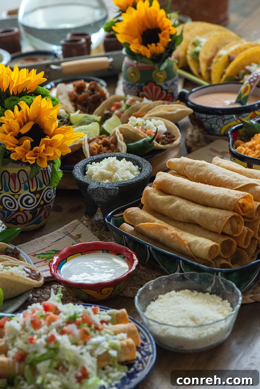 A decorative setting with Mexican pottery and vibrant colors, complementing the food.
