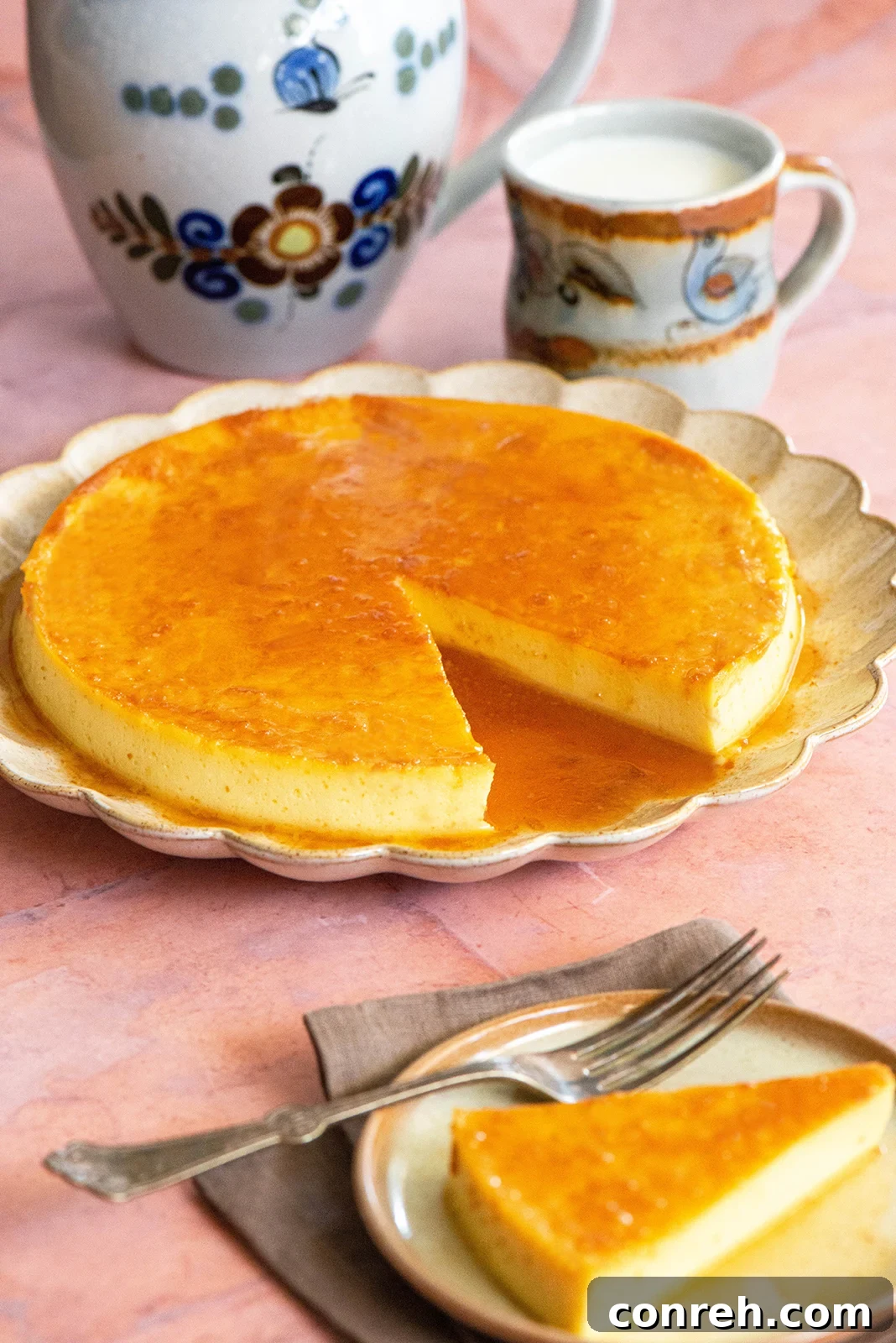 Velvety smooth Flan de Nata, a creamy Mexican custard dessert with caramel topping, served on a white plate