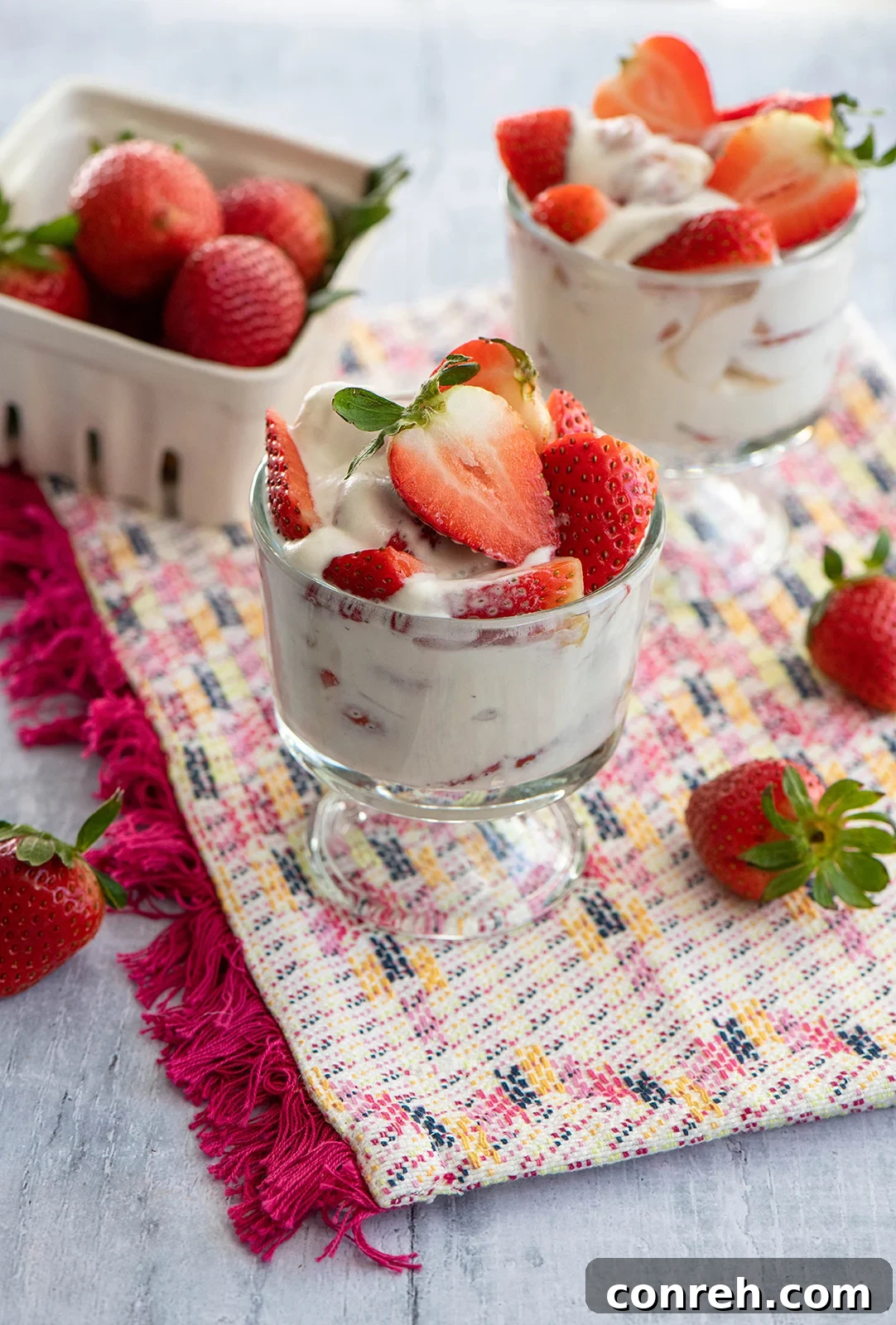 Luscious Strawberries and Cream 2 A beautifully arranged bowl of Fresas con Crema, showcasing fresh strawberries and creamy whipped topping.