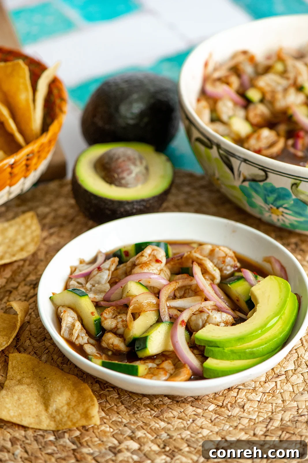 Vibrant Aguachile Negro with succulent shrimp and fresh vegetables