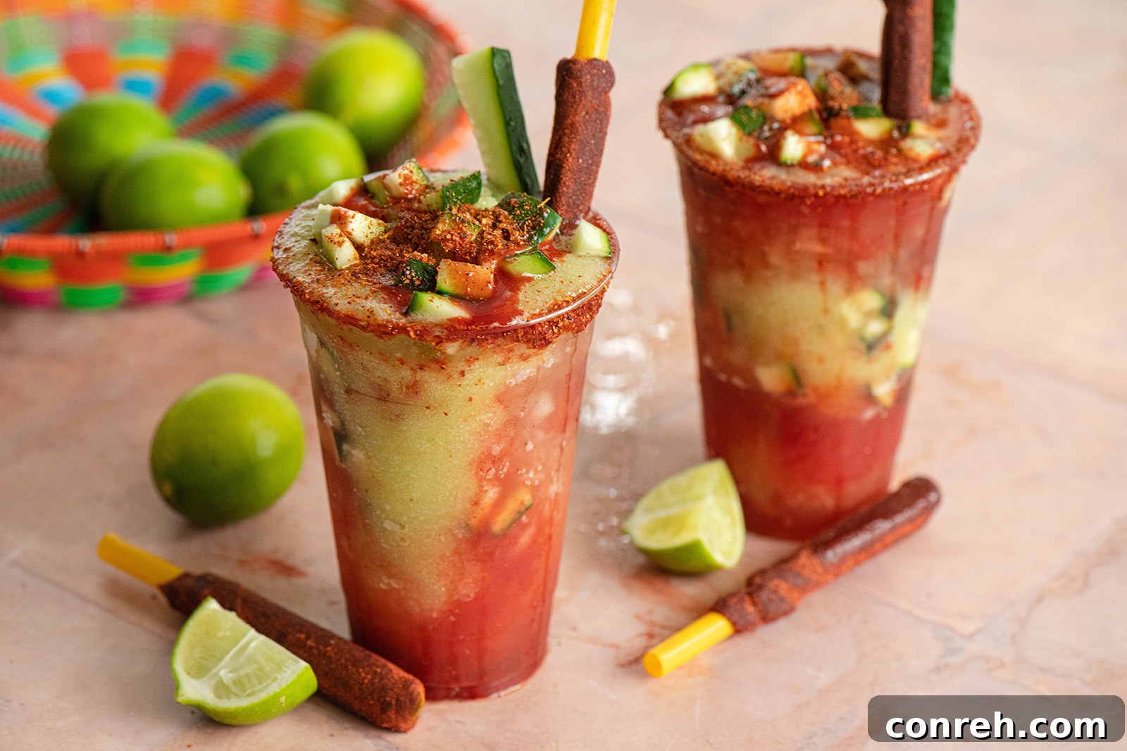 Close-up of a Pepinada with its characteristic layers of cucumber, chamoy, and Tajín, ready to be enjoyed.