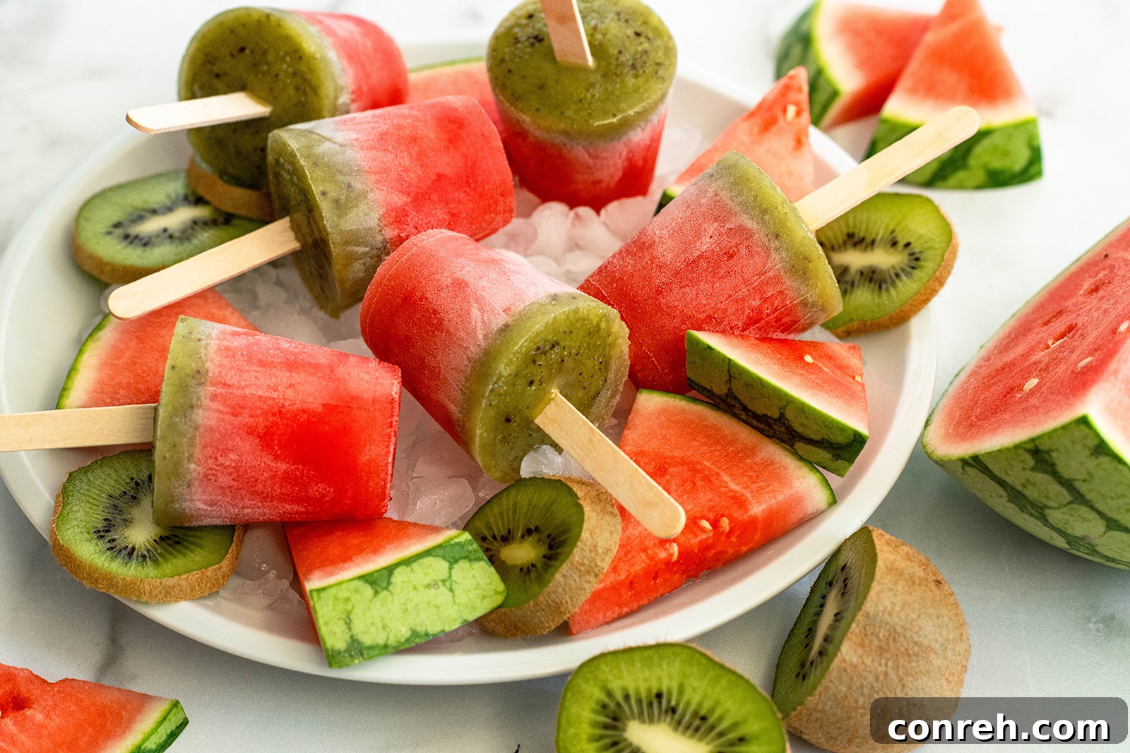 Close-up of Watermelon Kiwi Paletas with visible layers