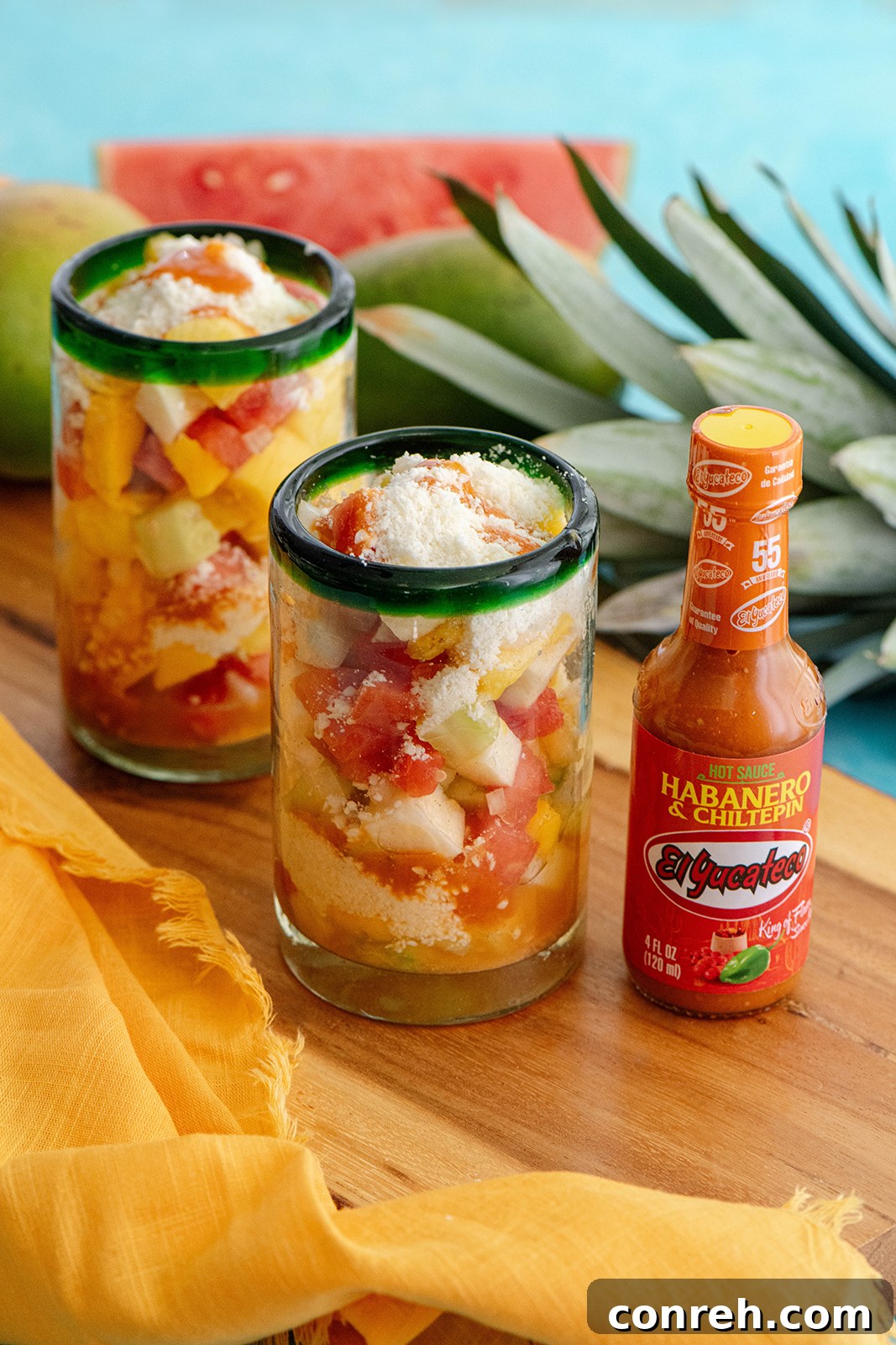 Another view of the Gazpacho Moreliano, ready to be enjoyed, showing the distinct fruit and cheese layers.