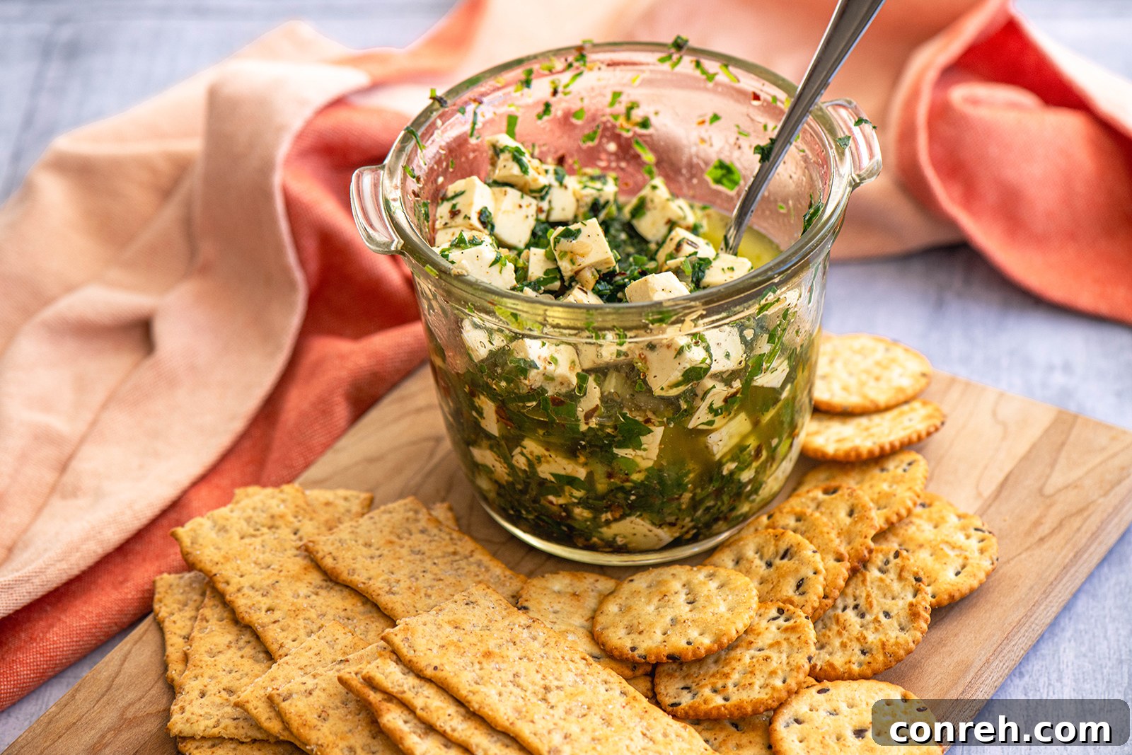 Close-up of marinated Panela cheese on a platter