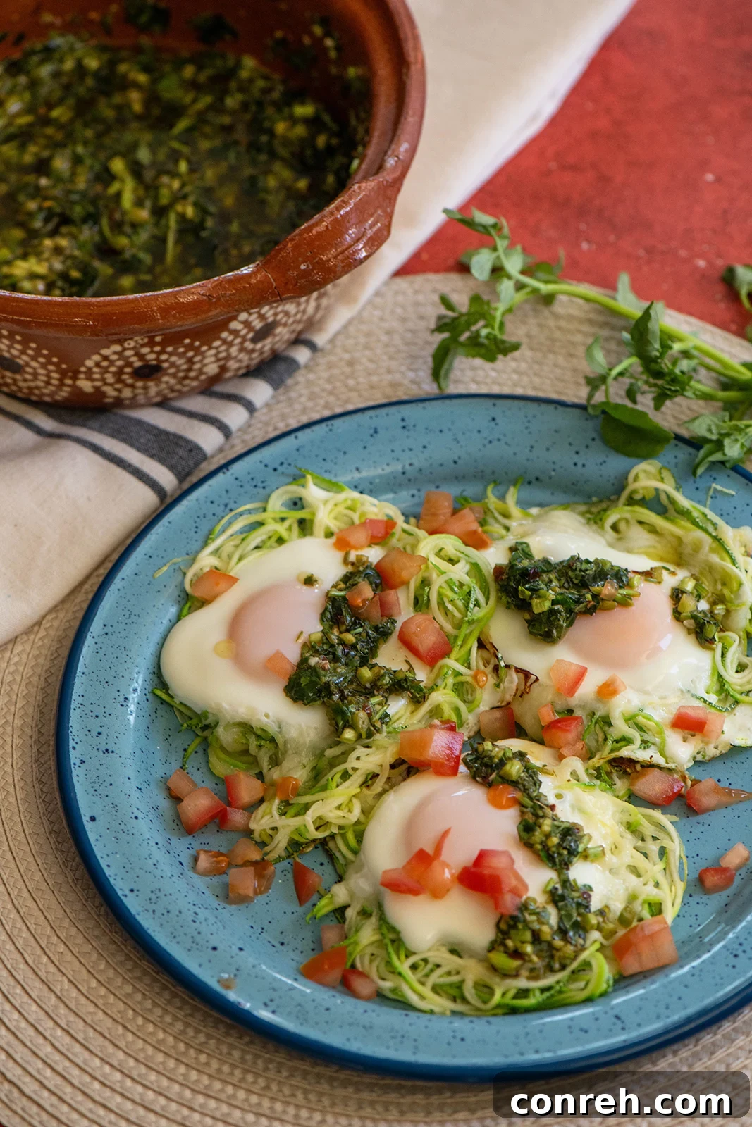 Golden Squash Egg Nests with Bright Watercress Chimichurri 2 Vibrant squash egg nests with watercress chimichurri
