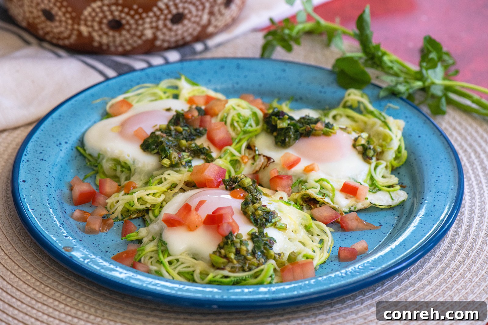 Golden Squash Egg Nests with Bright Watercress Chimichurri 3 Close-up of a squash egg nest with cheese and a perfectly cooked egg.