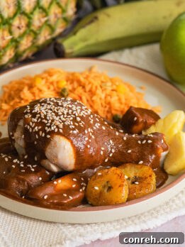Mole Manchamanteles in a bowl, garnished with pineapple, plantains, and cilantro