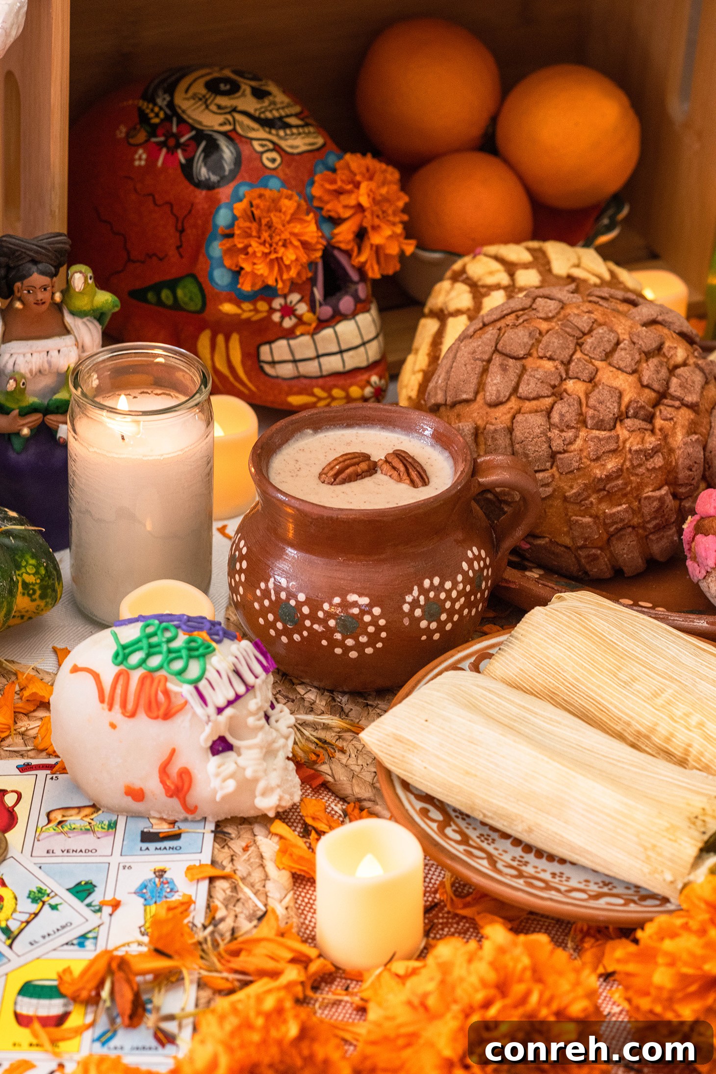 A vibrant Day of the Dead altar featuring marigolds, candles, and traditional offerings, symbolizing a rich cultural celebration.