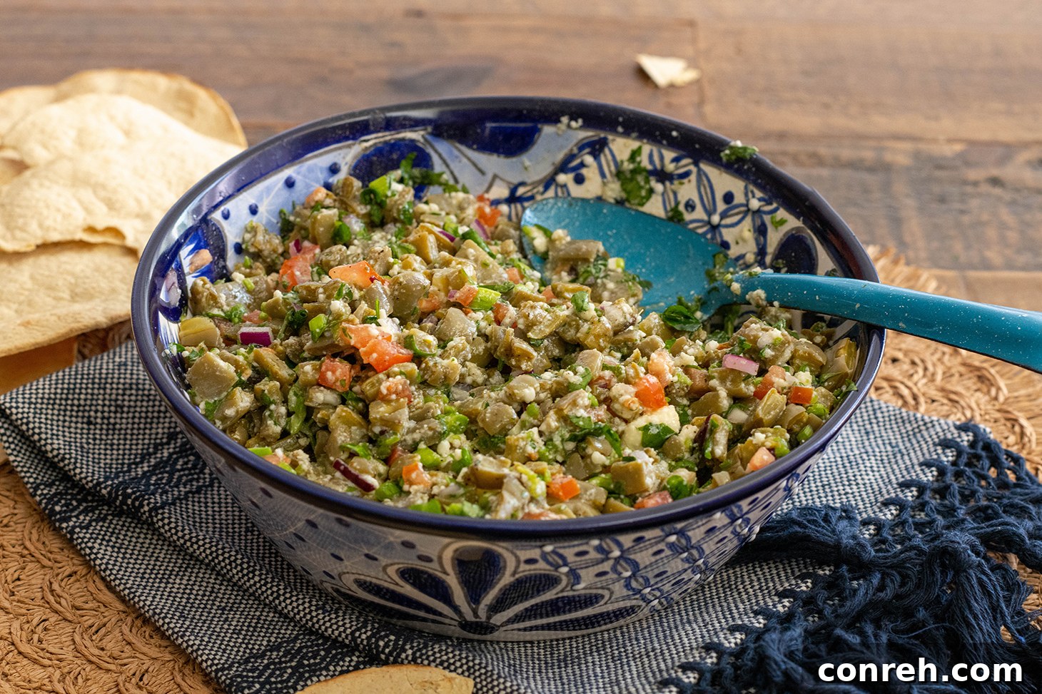 Close-up of fresh Nopalitos Salad with watercress and queso fresco