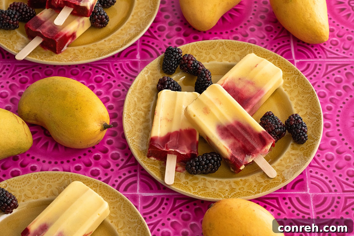 Creamy Mango Blackberry Paletas 3 Close-up of the two-layered Yogurt Mango Blackberry Paletas in molds, showing the vibrant colors