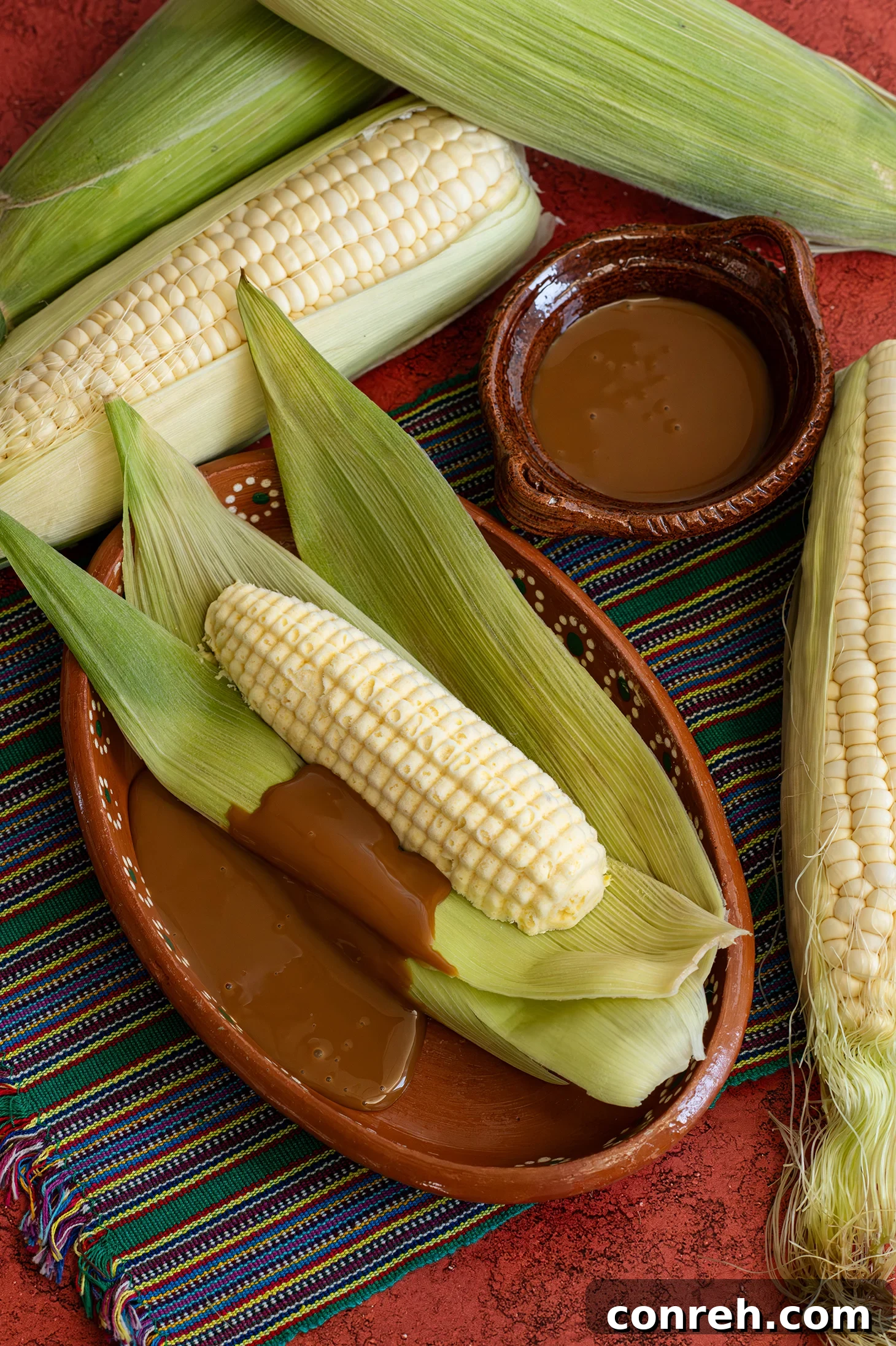 Creamy Corn Ice Cream with a generous drizzle of Dulce de Leche