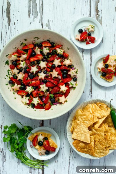 Red White and Blue Salsa, a sweet and savory fruit salsa with patriotic colors.