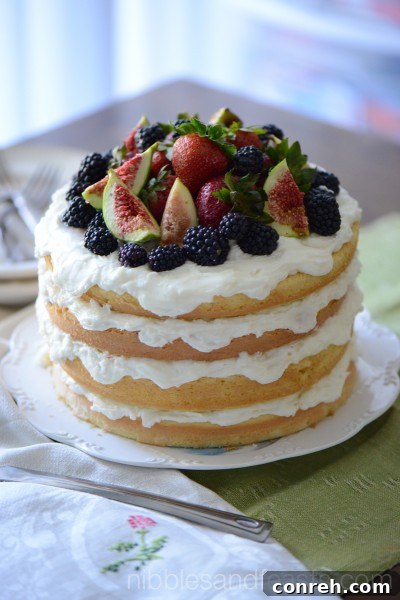Naked Cake with Berries and Figs, a rustic yet elegant dessert adorned with fresh fruit.