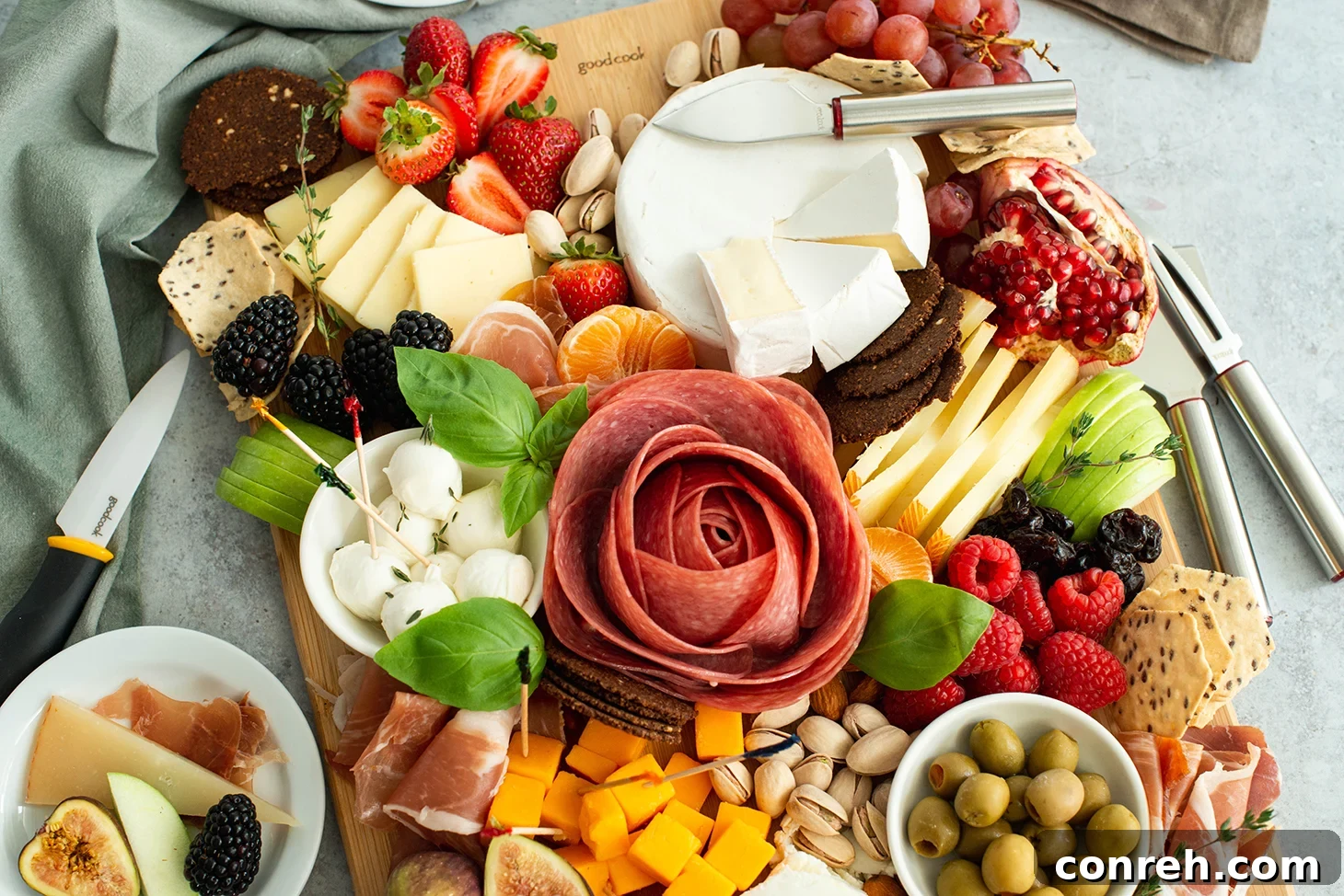 Sweet and savory spreads on a charcuterie board