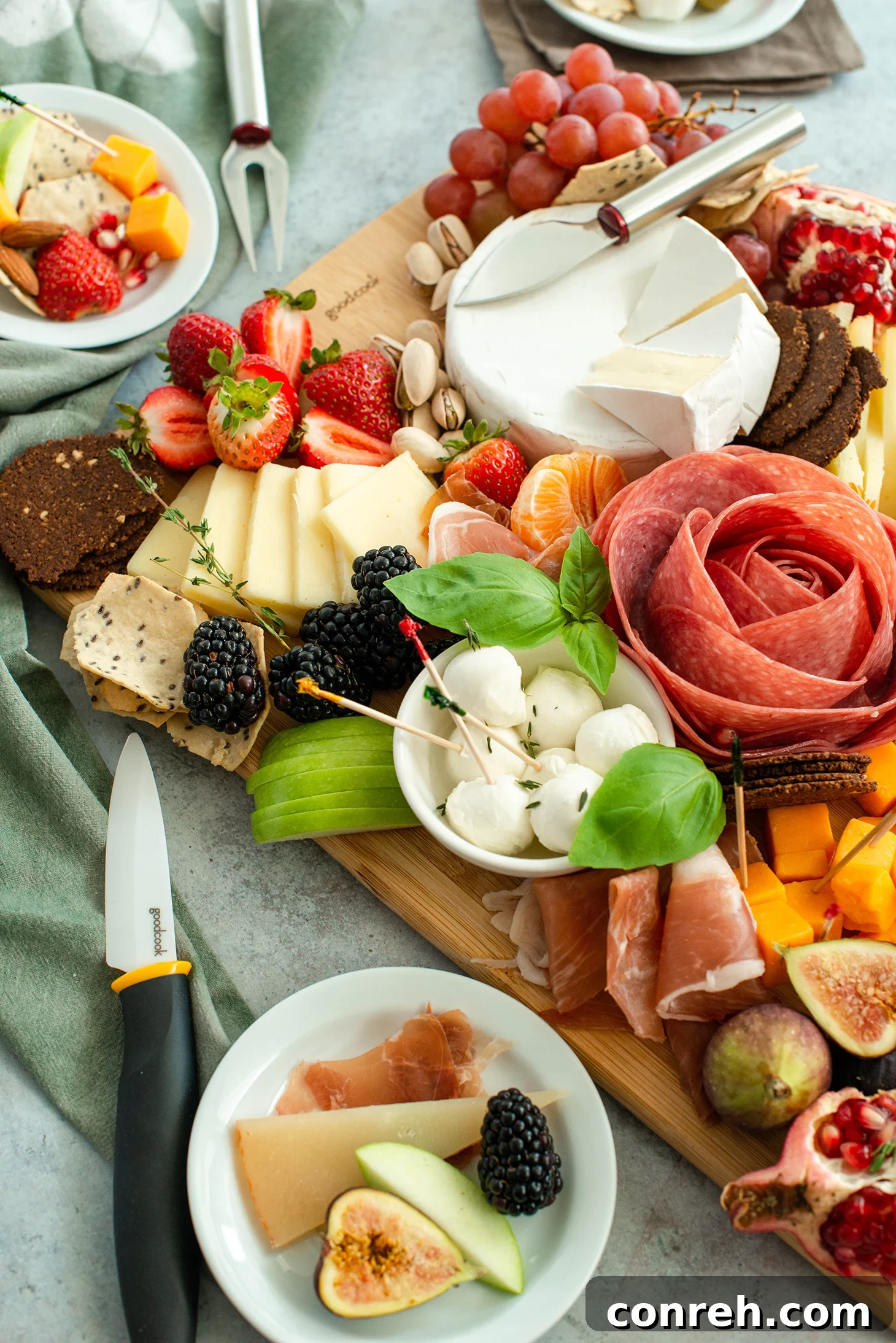 Cured meats arranged on a summer charcuterie board