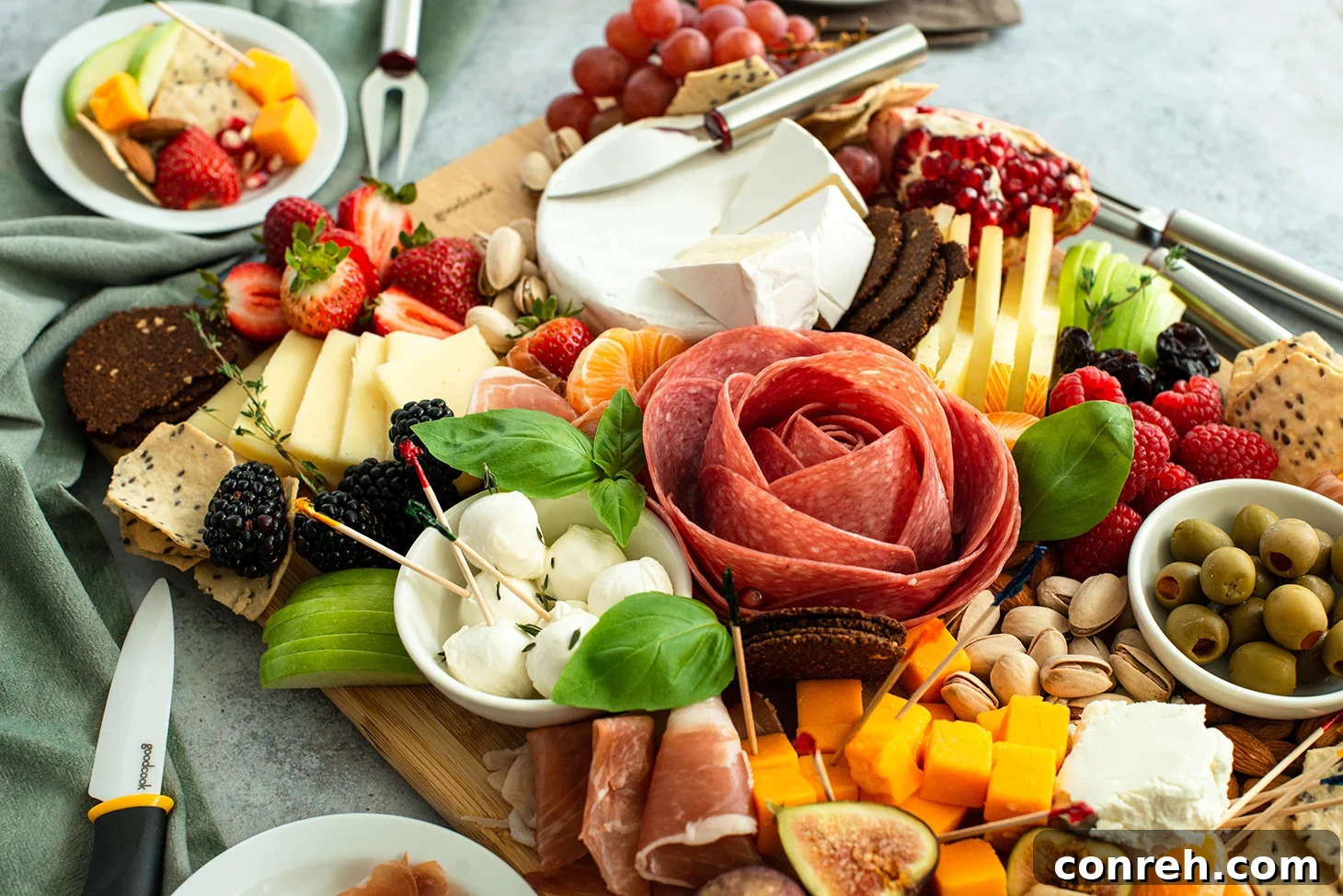 Salami rose as a charcuterie board garnish