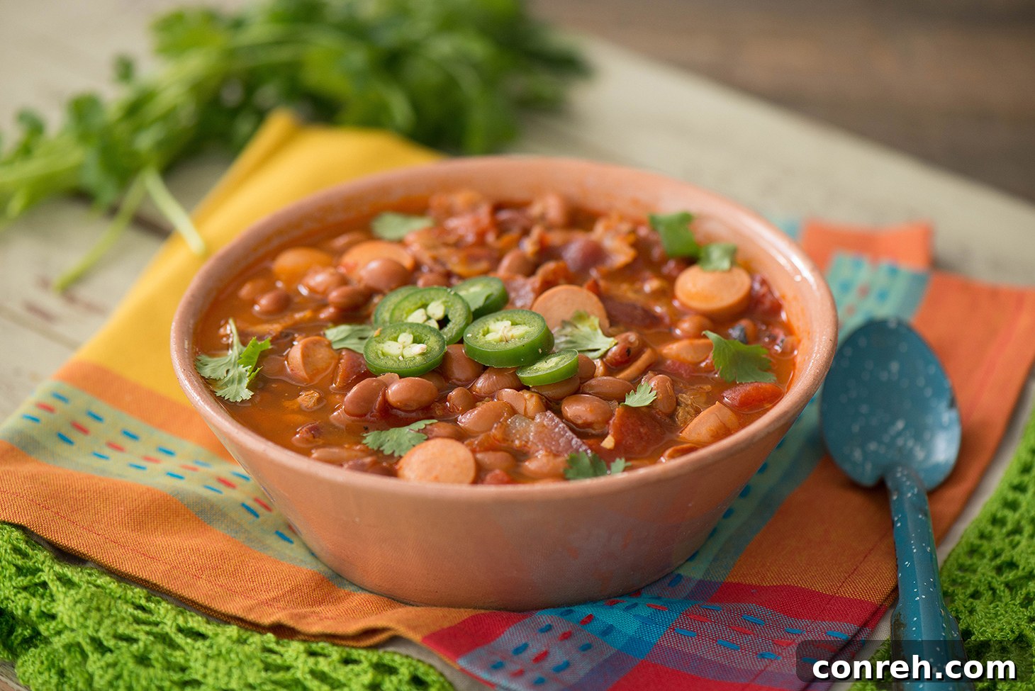 A vibrant close-up shot of Frijoles Charros in a bowl, showcasing the rich texture of beans, meats, and vegetables.