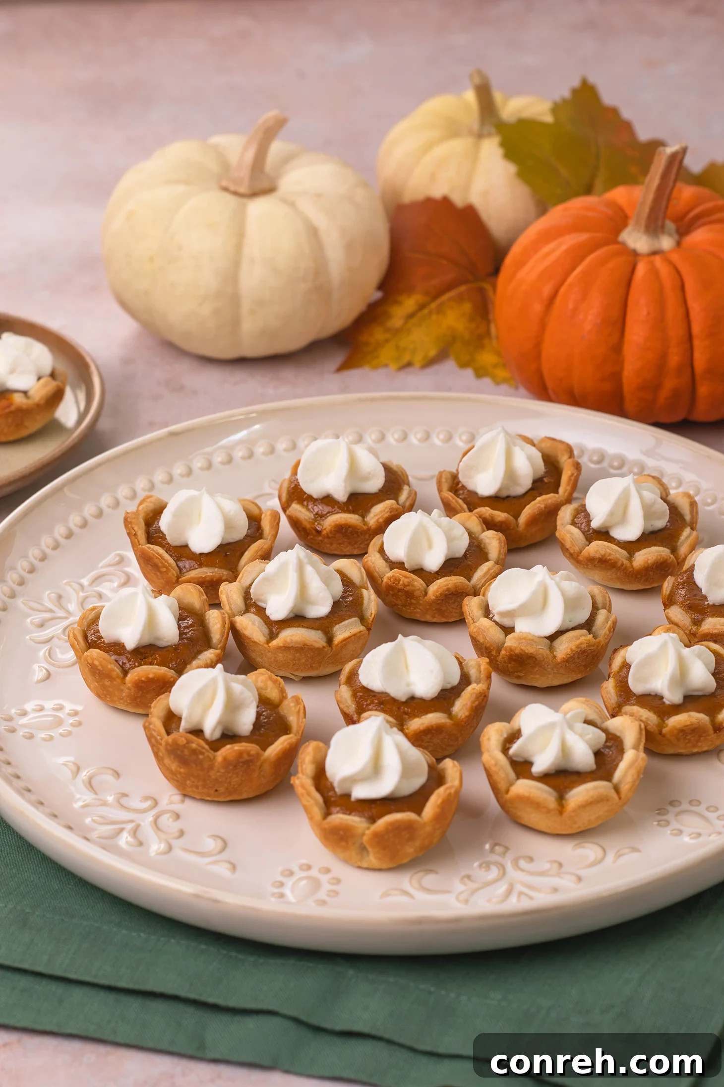 A perfectly baked mini pumpkin pie, golden crust, and creamy orange filling, ready for Thanksgiving dessert.
