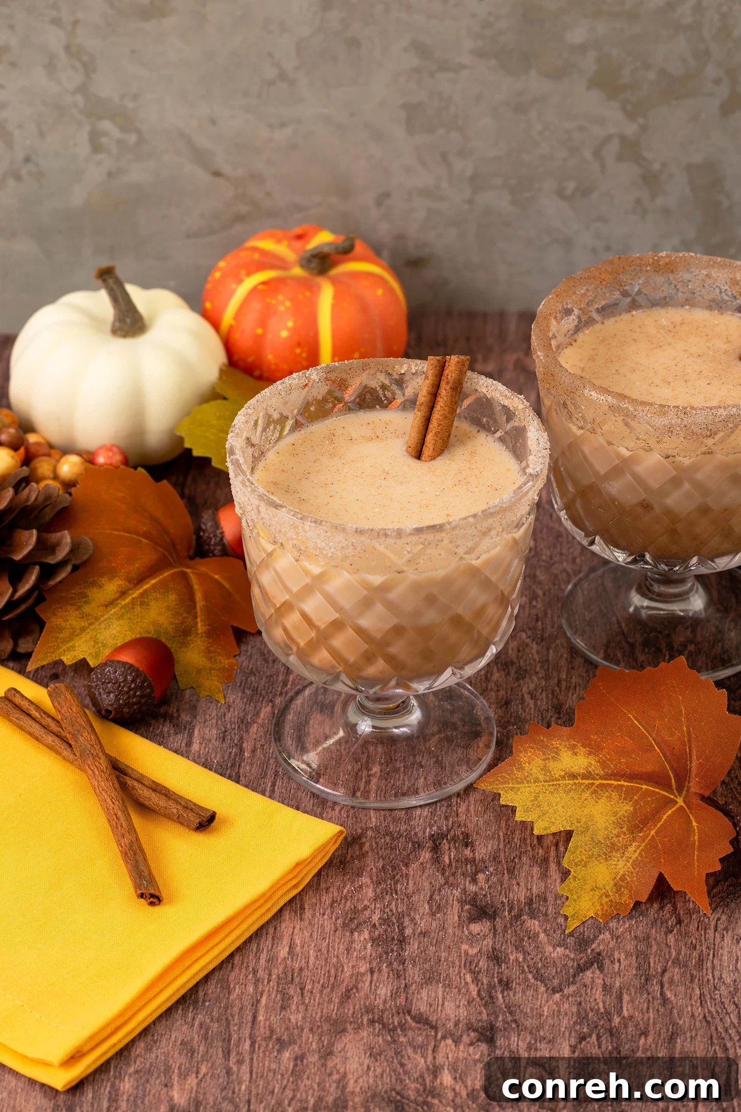 A tall glass filled with creamy Pumpkin Spiced Rum Horchata, garnished with a cinnamon stick and a pumpkin spice rim, set against a festive fall backdrop.